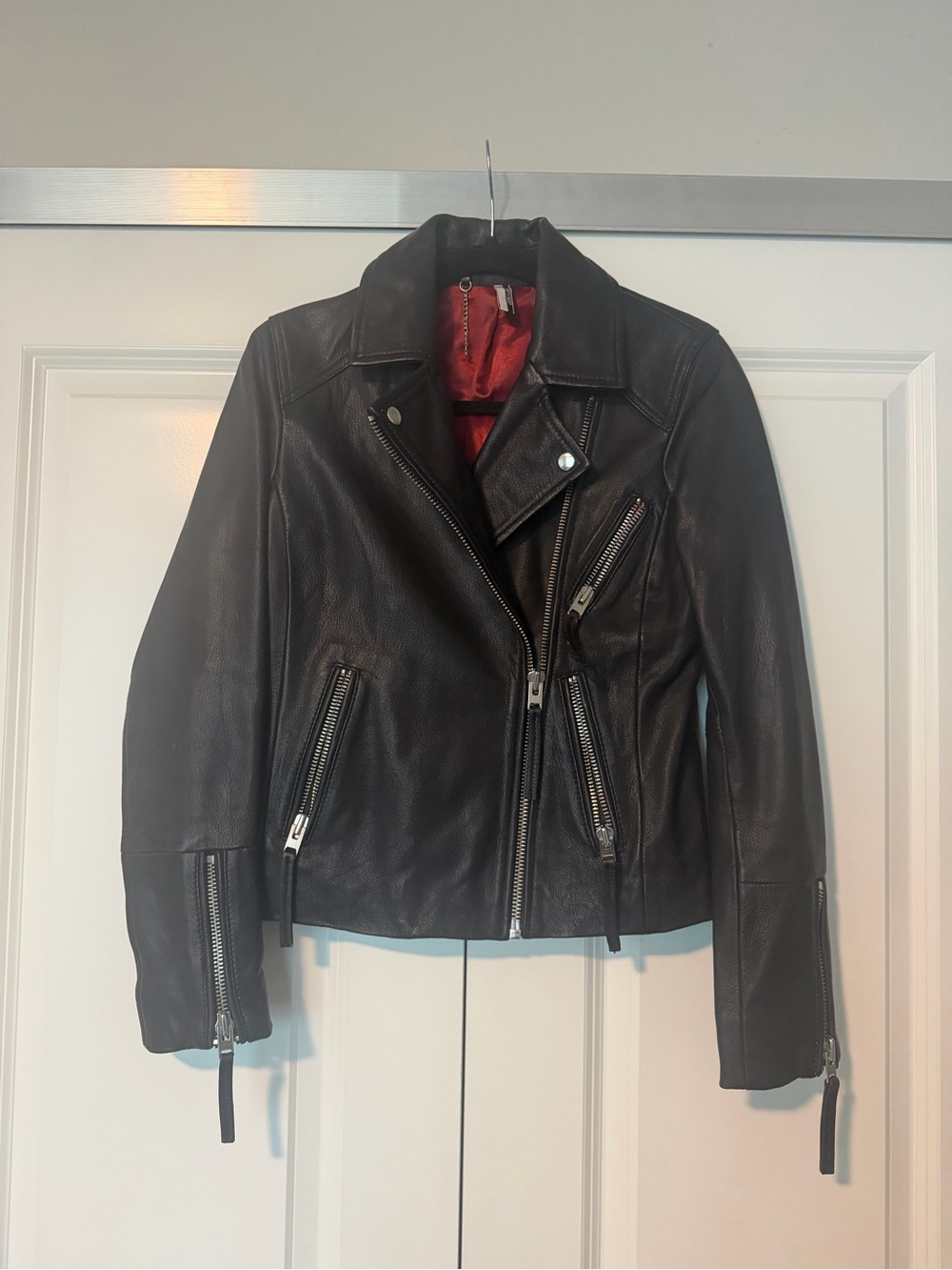 Topshop Black Leather Moto Jacket with Red Lining